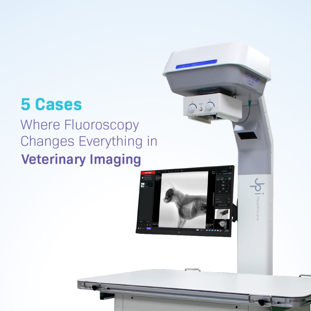 JPI Healthcare veterinary fluoroscopy system featuring a digital monitor displaying a real-time canine spinal scan with the blog title "5 Cases Where Fluoroscopy Changes Everything in Veterinary Imaging