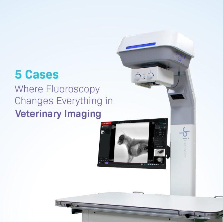 JPI Healthcare veterinary fluoroscopy system featuring a digital monitor displaying a real-time canine spinal scan with the blog title "5 Cases Where Fluoroscopy Changes Everything in Veterinary Imaging