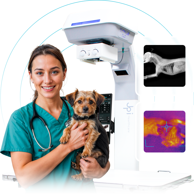 Veterinarian holding small dog next to DynaVue Duo system showing digital X-ray and thermal imaging scan previews