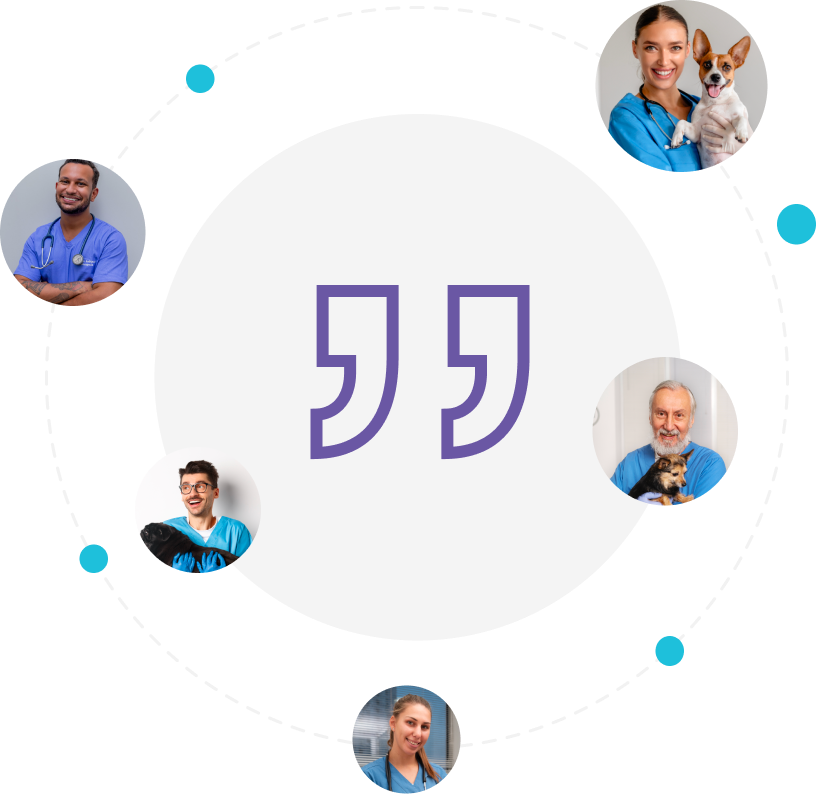 Veterinary client review graphic featuring portraits of practicing veterinarians endorsing the DynaVue Duo fluoroscopy system