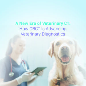 Title graphic for 'A New Era of Veterinary CT: How CBCT Is Advancing Veterinary Diagnostics' showing a happy dog next to a veterinarian holding a tablet.