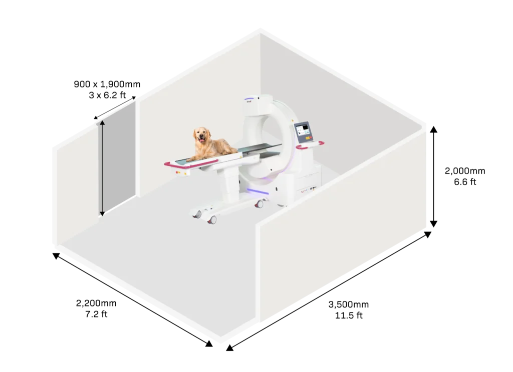 3D isometric diagram of a room layout displaying the DeteCT Vet scanner with a golden retriever lying on the scanning bed.